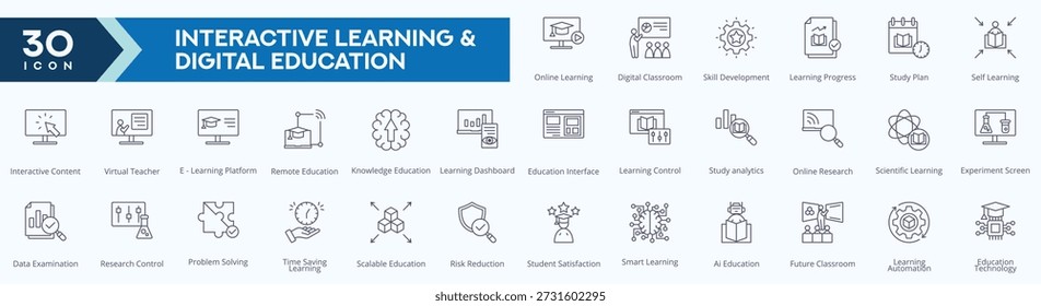 Aprendizaje interactivo e iconos de Educación digital Imágenes vectoriales de colección Juego de líneas finas.
Contiene aprendizaje en línea, aula digital, desarrollo de habilidades, progreso de aprendizaje, Plan de estudio y más.
para el conjunto de iconos Web.