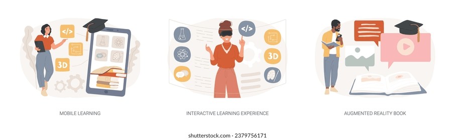 Interactive learning isolated concept vector illustration set. Mobile learning, augmented reality book, m-learning application, e-learning platform software, digital content vector concept.