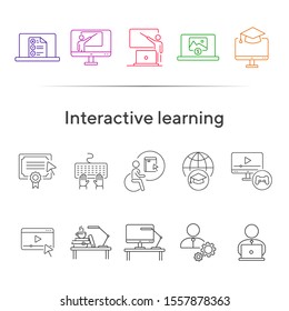Interactive learning line icon set. Course, college, degree. Online lesson concept. Can be used for topics like e-learning, seminar, education