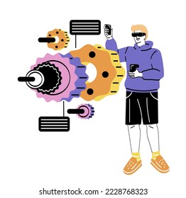 Interactive learning. Man analyzes structure of gears, screws and mechanisms using virtual reality glasses. Education with help of modern technologies. Cartoon flat vector illustration in doodle style