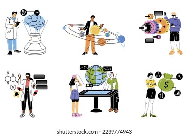 Interactive learning. Modern technologies for education, science and study. Experiments in virtual reality, holograms and digital knowledge. Cartoon flat vector collection isolated on white background