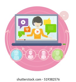 Interactive learning on laptop screen. Lecturer on the computer screen. Workplace for distance education, interactive training, e-learning, concept. Dialog windows. Learningicon. Illustration in flat