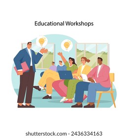 Interactive learning workshop. Enthusiastic adult learners participate in educational workshop, engaging with knowledgeable expert speaker for skill enhancement. Flat vector illustration