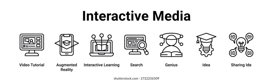 Concepto de Ilustración vectorial Video de ícono de Anuncio de Web de medios interactivos para educación con ícono de tutorial, realidad aumentada, aprendizaje interactivo, Búsqueda, genio, idea.