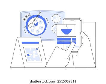 Menú interactivo Ilustraciones vectoriales de dibujos animados aislados. Cliente que escanea el código QR para pedir comida en el restaurante, menú electrónico del café, negocio de horeca, historieta moderna del Vector de la tecnología.