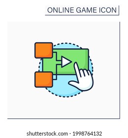 Interactive movie color icon. Presents gameplay in cinematic manner. Actions change game script. Cut scenes stringed.Online game concept. Isolated vector illustration