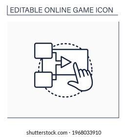 Interactive movie line icon. Presents gameplay in cinematic manner. Actions change game script. Cut scenes stringed.Online game concept. Isolated vector illustration.Editable stroke