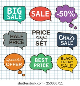 Interactive multicolored labels. Sale promotion speech bubbles collection set with price tags isolated on white squared paper sheet pattern background.. Vector illustration.