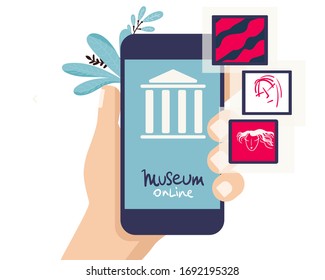 Interactive museum exhibition. smartphone. Virtual Museum online and Art Gallery Tours in Smartphone. Online Tours. Vector flat concept