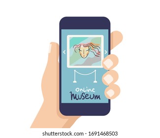 Interactive museum exhibition. smatphone. Virtual Museum and Art GalleryTours in Smartphone. Online Tours. Vector flat concept