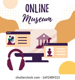 Interactive Museum Exhibition. Virtual Museum And Art GalleryTours. Online Tours. Exhibits Online. Vector Flat Concept.