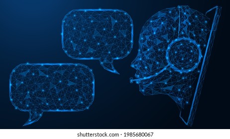 Interactive Online Assistant. A Dialog With A Voice-activated Virtual Chatbot In The Smartphone Screen. Polygonal Construction Of Lines And Points. Blue Background.