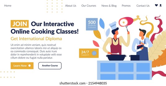 Interactive online cooking classes for students to improve skills. Chefs giving expert advice, kitchen and ingredients. Website landing page, internet site with navigation. Vector in flat style