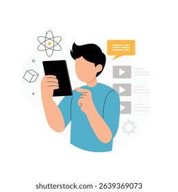 Interactive Online Learning Illustration. Vector illustration of a young person engaging with educational content on a tablet