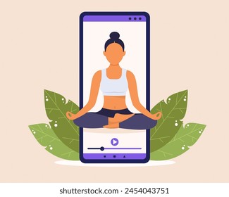 clases interactivas de yoga en línea con entrenador personal en pantalla de Ilustración vectorial de teléfono móvil