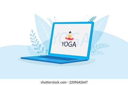 Interactive online yoga workout with personal coach on screen of mobile phone. Tiny man training at home, people practice meditation, sport exercises 3d vector illustration. Healthy activity concept