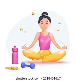 Interactive online yoga workout with personal coach on screen of mobile phone. Tiny man training at home, people practice meditation, sport exercises 3d vector illustration.