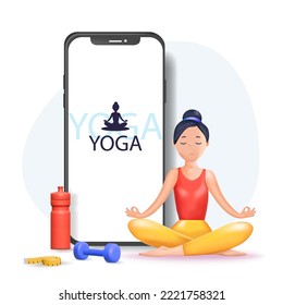 Interactive online yoga workout with personal coach on screen of mobile phone. Tiny man training at home, people practice meditation, sport exercises 3d vector illustration.