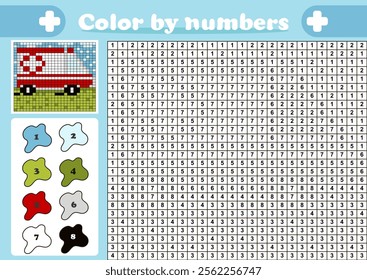 Interactive pixel art activity game for kids featuring ambulance car, designed for color-by-number fun