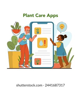 Interactive plant care app. Engaged young boy and girl learn plant maintenance with mobile application, integrating technology and horticulture. Modern hobbies for kids. Flat vector illustration