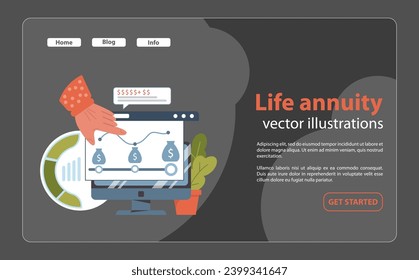 Interactive platform showcases the concept of life annuity, with hand adjusting monetary growth, ensuring steady income in retirement. Secure future. Flat vector illustration.