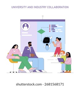 Presentación interactiva de la colaboración universitaria e industrial, destacando el trabajo en equipo y la innovación. Grupo diverso que participa con contenido digital, fomentando el intercambio de conocimiento. Ilustración vectorial.