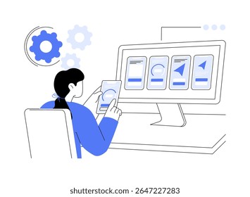 Protótipos interativos ilustrações isoladas de vetores de desenhos animados. Designer de UX profissional construindo experiência interativa do usuário usando aplicativo, negócios da empresa de TI, desenho animado vetorial de desenvolvimento de software.