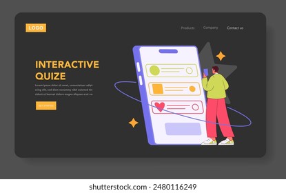Interaktives Quizkonzept. Einbindung einer Online-Quizplattform auf einem Smartphone mit Benutzerinteraktion. Lerntechnologie und e-Learning. Vektorillustration.