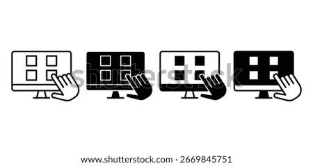 Interactive Quiz Icon Hand Clicking Grid on Computer Screen Vector Design Illustration Collection