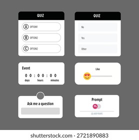 Conjunto de pegatinas interactivas de la interfaz de usuario de la prueba y la encuesta, preguntas, votaciones y participación Elementos de interfaz