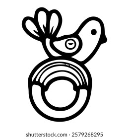 Interactive rattle ring for baby. Hand drawn doodle. Toy with a soft bird for teaching a newborn to hold an object. Educational games for a child. Childhood. Vector line art illustration.