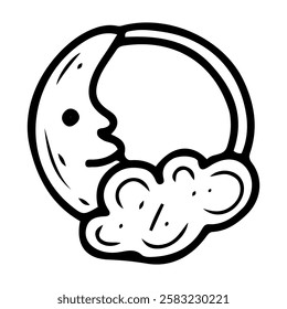 Interactive rattle ring for baby. Hand drawn doodle. Toy moon in the cloud for teaching newborn to hold an object. Educational games for children. Childhood. Vector line art illustration.