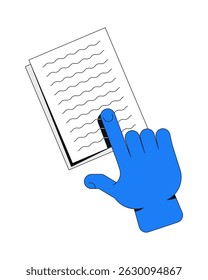 Interactive reading gesture vector illustration. User engagement with written content. Hand finger pointing at text on document page 2D cartoon image isolated on white. Editable flat clipart colorful