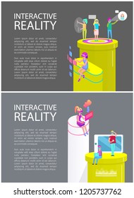 Interactive reality activities, people talking on mobile phone using vr glasses, seeing each other. Posters set with text sample and laptops vector