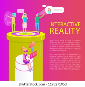 Interactive reality artificial items creating hologram. People wearing vr goggles spectacles, laptops phone talks with innovative technologies vector