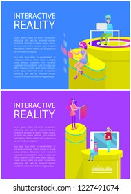 Interactive reality interaction of people and cyberspace. Vr glasses and modern technologies, laptops and mobile phones used by man and woman vector
