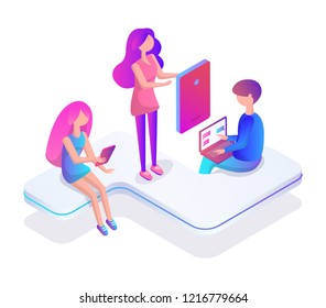 Interactive reality, isolated people icon busy with chatting and gaming. Woman and man using tablet, laptop screen of new gadget for playing vector