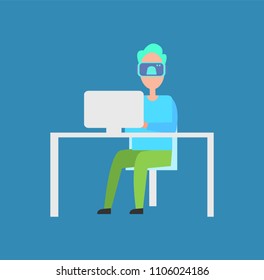 Interactive reality man sitting by laptop wearing special glasses allowing to see different things, innovative technologies on vector illustration
