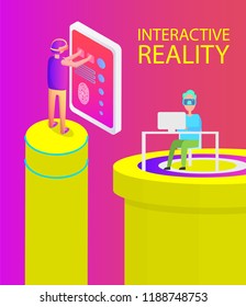 Interactive reality men using innovative technologies. Person touching screen with prints, male sitting on table by laptop wearing vr goggles vector