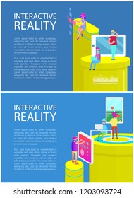 Interactive reality people entertaining with innovative technologies, posters with text samples. Mobile phone table tennis game played by man vector