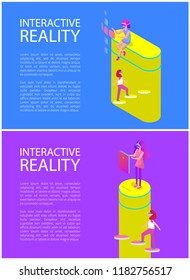 Interactive reality, people wearing vr goggles walking on steps. Posters set with text sample, displays digital screens, females with gadgets vector