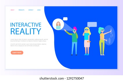 Interactive reality people wearing VR glasses vector. Web page internet site, users chatting, communication with friends online goggles and screens. Website template landing page in flat