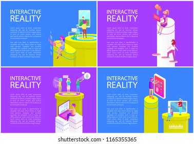 Interactive reality posters with text sample people wearing vr goggles. Spectacles for real gaming, watching video. Mobile phone and laptops vector