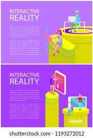 Interactive reality set of posters with text sample. People on tubes using laptops and big touch screens. Man wearing vr spectacles by table vector