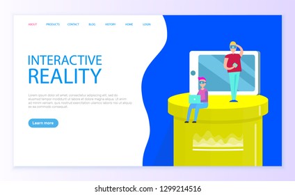 Interactive reality website with info and users vector. Internet technologies and new era of communication, smartphone cyberspace mobile cell, gamepad. Website or webpage template landing page in flat