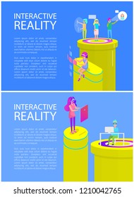 Interactive reality woman taking on mobile phone, set of poster with text sample. Touch screens and laptop with vr glasses goggles usage by man vector