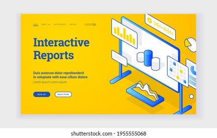 Interactive reports. Vector banner of web page with board and graph icons offering information learning about interactive reports. Electronic reporting. Isometric web banner, landing page template