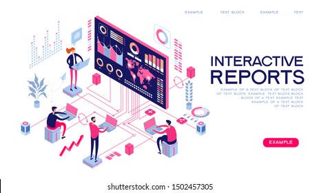 banner web de informes interactivos. Gente interactuando con el análisis de estadísticas y gráficos. Flujo de trabajo y administración de negocios. Ilustración isométrica vectorial 3D.