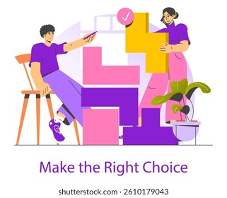 Interactive scene illustrating two individuals collaboratively selecting colorful geometric shapes. The focus on teamwork fosters an engaging atmosphere, reflecting the essence of intuitive decision