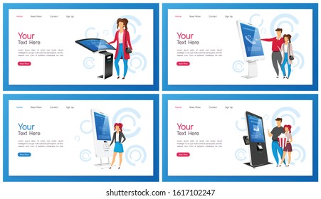 Interactive self order kiosk landing page vector template set. Modern electronic display website interface idea with flat illustrations. Commercial internet panel with touchscreen homepage layout